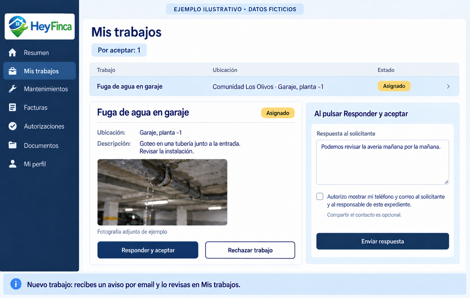 Ejemplo ficticio: trabajo asignado, descripción, fotografía y botones para responder y aceptar o rechazar. Compartir el teléfono y correo es opcional.
